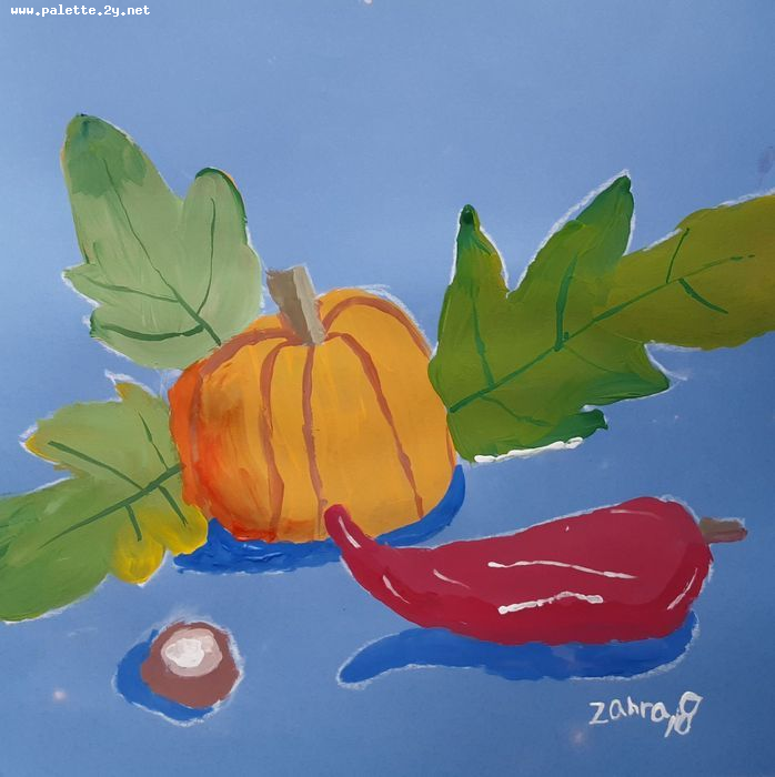 Art Studio PALETTE. Zahra Merchant Picture.  Tempera Still Life Fruits & Vegi 