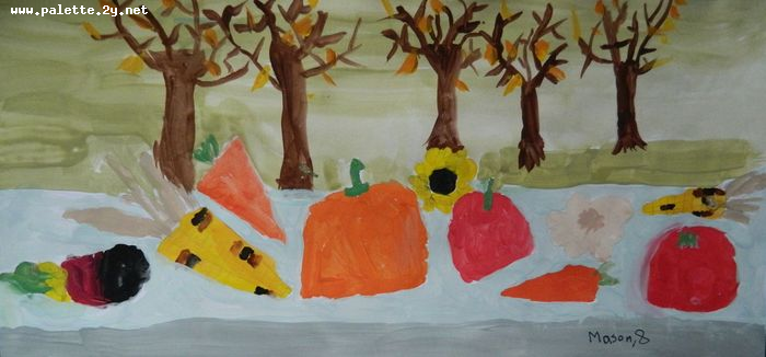 Art Studio PALETTE. Mason Chen Picture.  Tempera Still Life Fruits & Vegi 