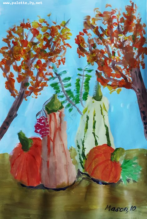 Art Studio PALETTE. Mason Chen Picture.  Tempera Still Life Fruits & Vegi 