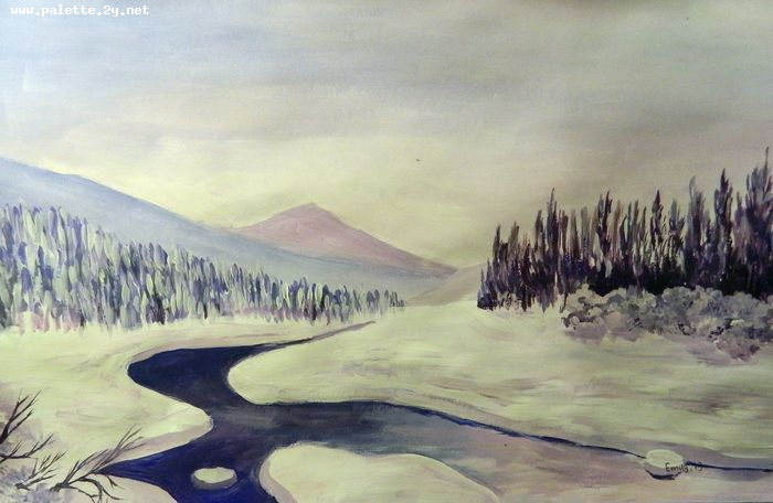 Art Studio PALETTE. Emily Hwang Picture.  Tempera Landscape Winter 