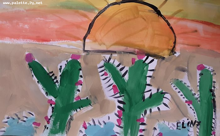 Art Studio PALETTE. Elin Musayeva Picture.  Tempera Plants Cacti 