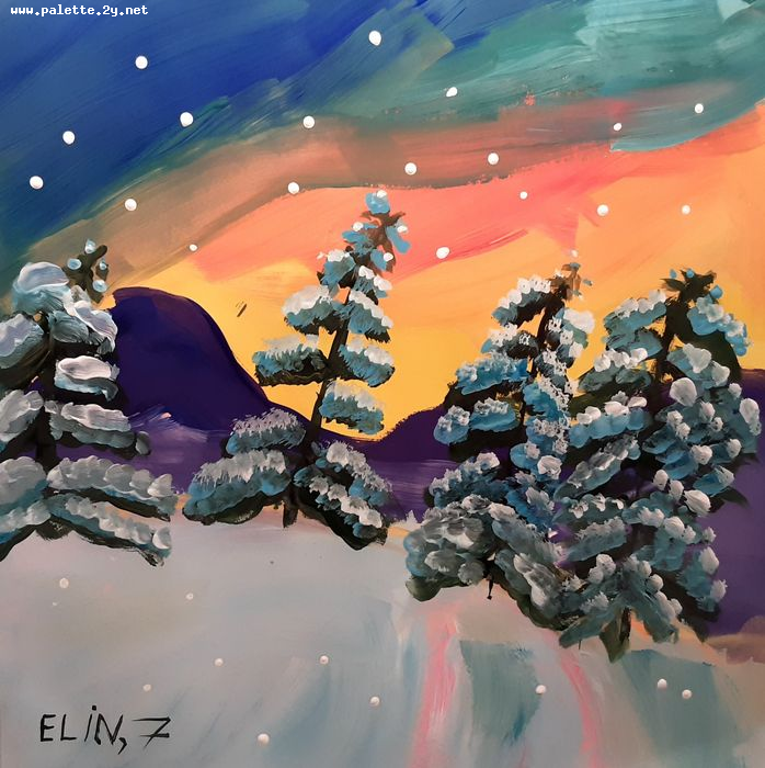Art Studio PALETTE. Elin Musayeva Picture.  Tempera Landscape Winter 