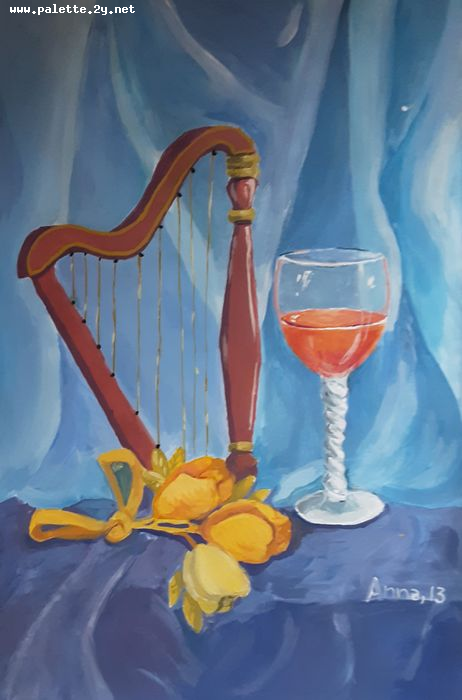 Art Studio PALETTE. Anna Banket Picture.  Tempera Still Life Music 