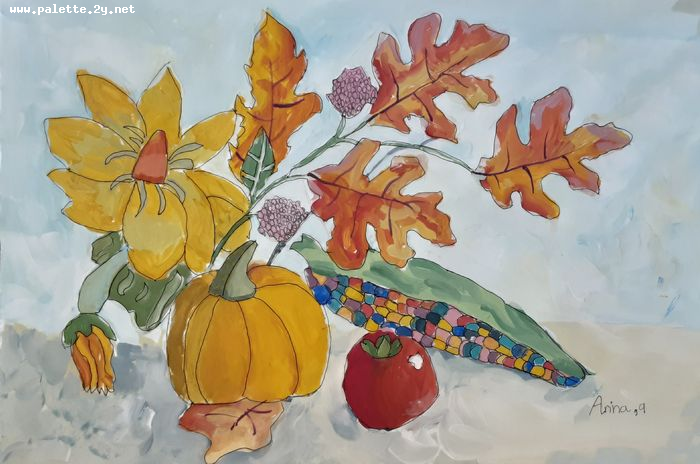 Art Studio PALETTE. Arina Bondarenko Picture.  Tempera Still Life Fruits & Vegi 