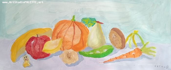 Art Studio PALETTE. Margarita Chsherbachenko Picture.  Tempera Still Life Fruits & Vegi 