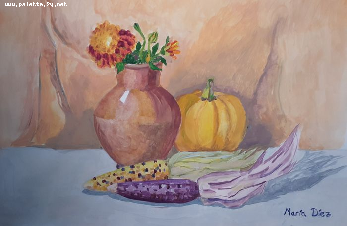 Art Studio PALETTE. Maria Diez Laza Picture.  Tempera Still Life Still Life 