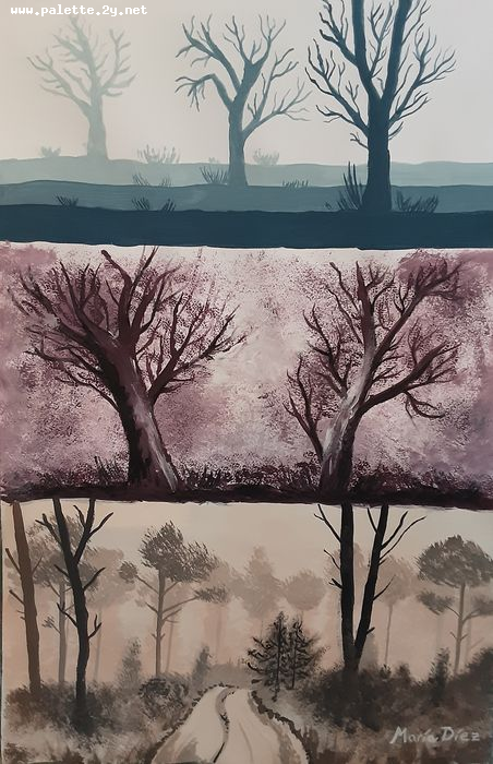 Art Studio PALETTE. Maria Diez Laza Picture.  Tempera Landscape Trees 