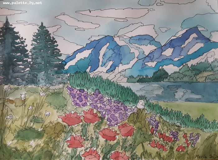 Art Studio PALETTE. Maria Diez Laza Picture.  Watercolour Landscape Nature 