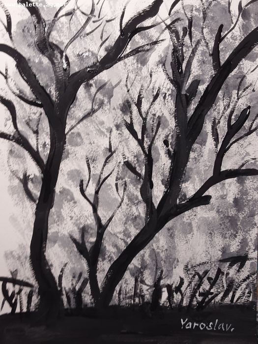 Art Studio PALETTE. Yaroslav Klishchuk Picture.  Tempera Landscape Trees 