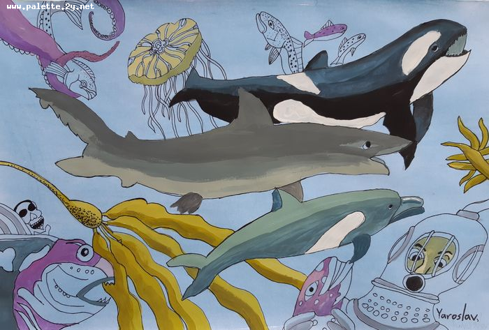 Art Studio PALETTE. Yaroslav Klishchuk Picture.  Marker, Tempera Animals Fish 