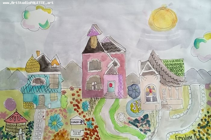 Art Studio PALETTE. Emaline Rae Oswell Picture.  Watercolour, Ink Landscape Houses 