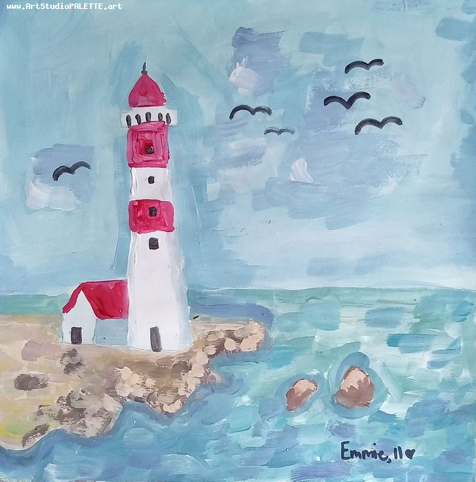 Art Studio PALETTE. Emaline Rae Oswell Picture.  Tempera Landscape Seascape 