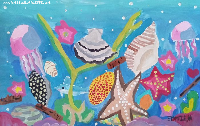 Art Studio PALETTE. Emaline Rae Oswell Picture.  Tempera Animals Fish 