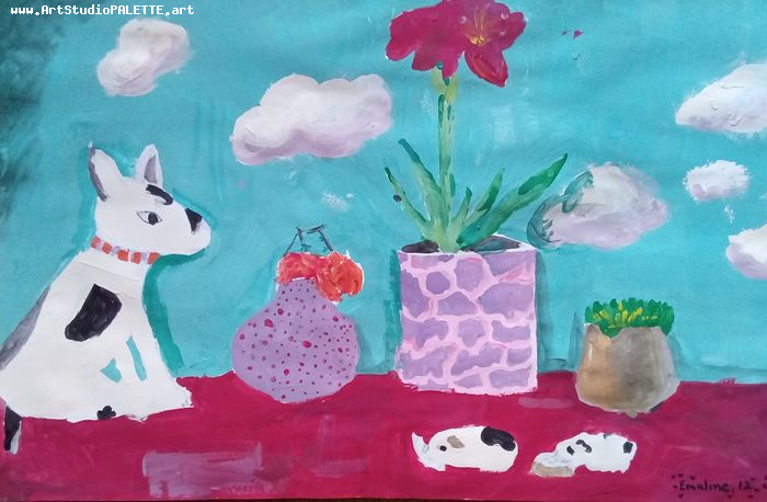 Art Studio PALETTE. Emaline Rae Oswell Picture.  Tempera Still Life Still Life 