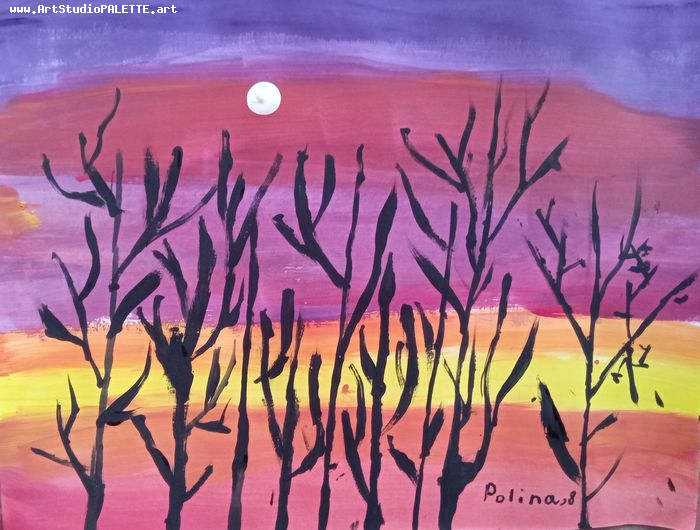 Art Studio PALETTE. Polina Karpushina Picture.  Tempera Landscape Trees 