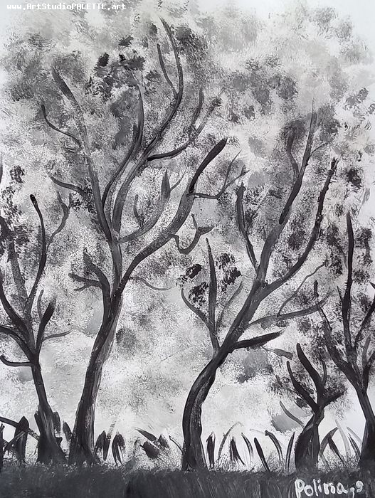 Art Studio PALETTE. Polina Karpushina Picture.  Tempera Landscape Trees 