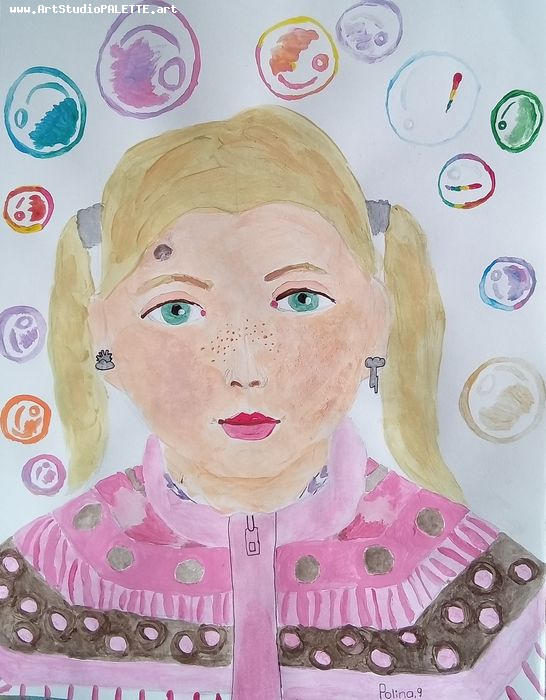 Art Studio PALETTE. Polina Karpushina Picture.  Tempera People Selfportrait 