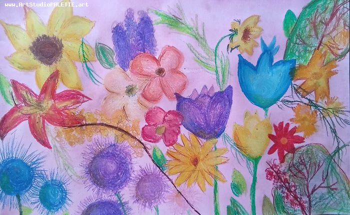 Art Studio PALETTE. Polina Karpushina Picture.  Oil Pastel Plants Flowers 