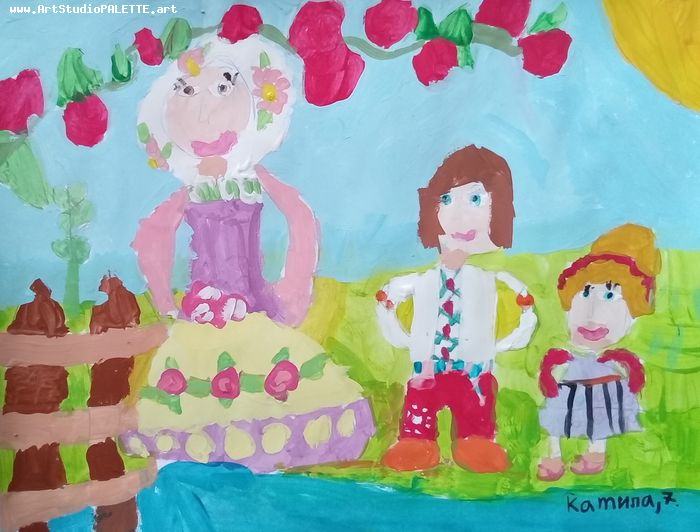 Art Studio PALETTE. Camila Guzhel Picture.  Tempera People Family 