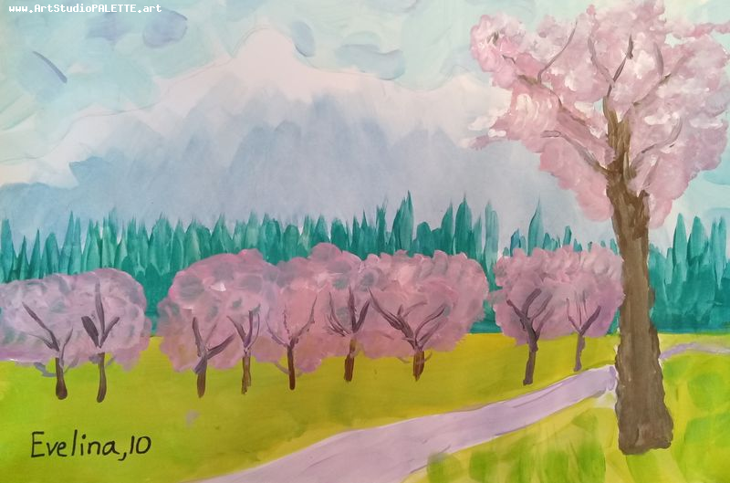 Art Studio PALETTE. Evelina Urbanczyk Picture.  Tempera Landscape Spring 