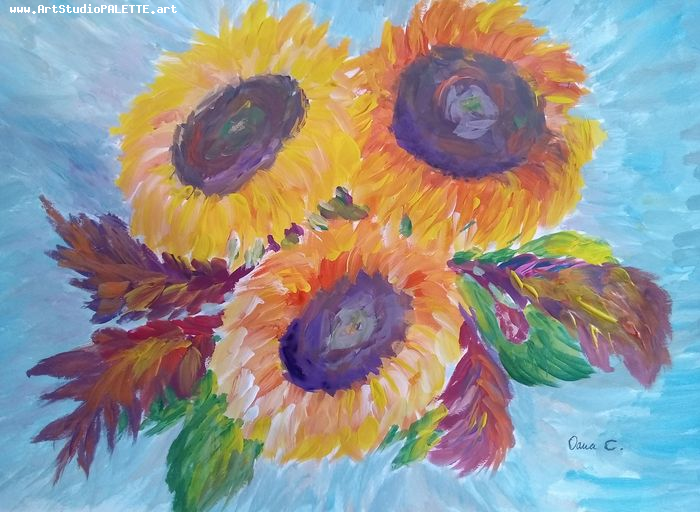Art Studio PALETTE. Oana C. Picture.  Tempera Plants Sunflowers 