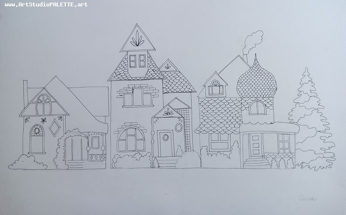 Art Studio PALETTE. Oana C. Picture.  Ink Landscape Houses 