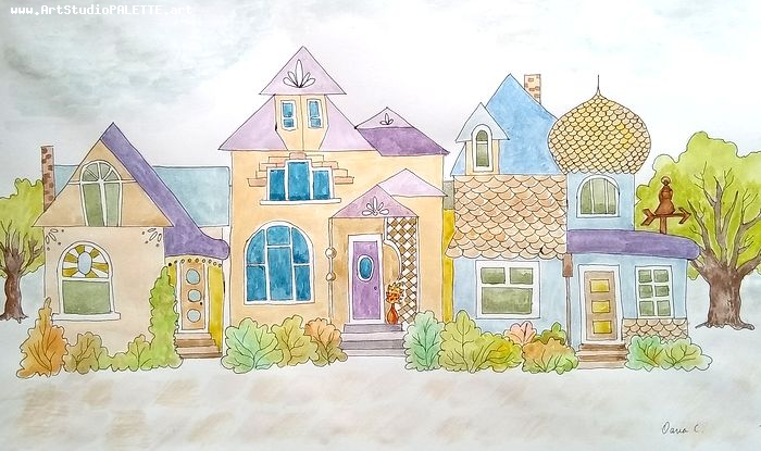 Art Studio PALETTE. Oana C. Picture.  Watercolour, Ink Landscape Houses 