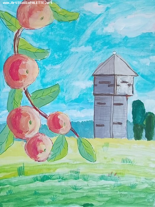 Art Studio PALETTE. Dier Shamirzaev Picture.  Tempera Landscape Houses 