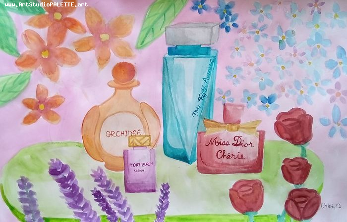 Art Studio PALETTE. Chloe Zhang Picture.  Tempera Still Life Bottles 
