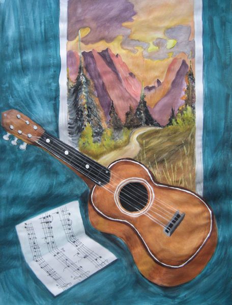 Art Studio PALETTE. Sandra Baraque Picture.  Tempera Still Life Music 