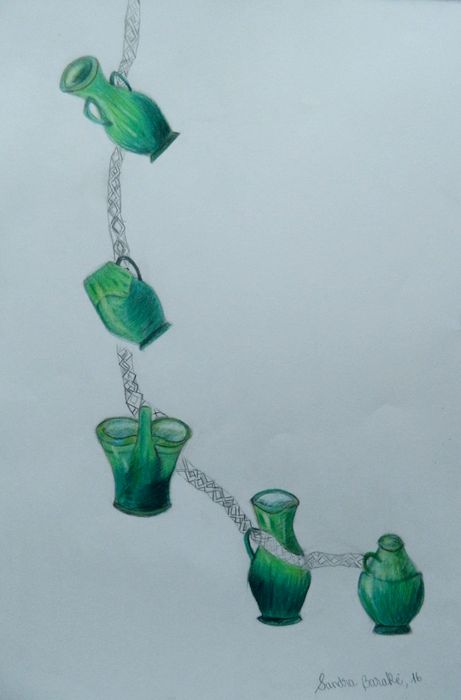 Art Studio PALETTE. Sandra Baraque Picture.  Coloured Pencil Still Life Bottles 