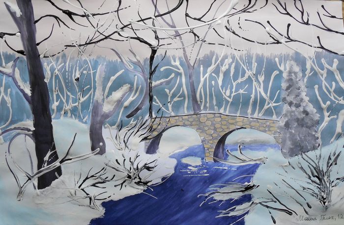 Art Studio PALETTE. Masha Pelekh Picture.  Tempera Landscape Winter 