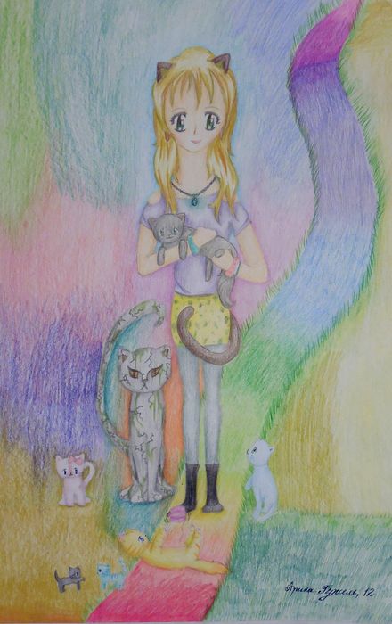Art Studio PALETTE. Arina Guzhel Picture.  Coloured Pencil Animals Cats 