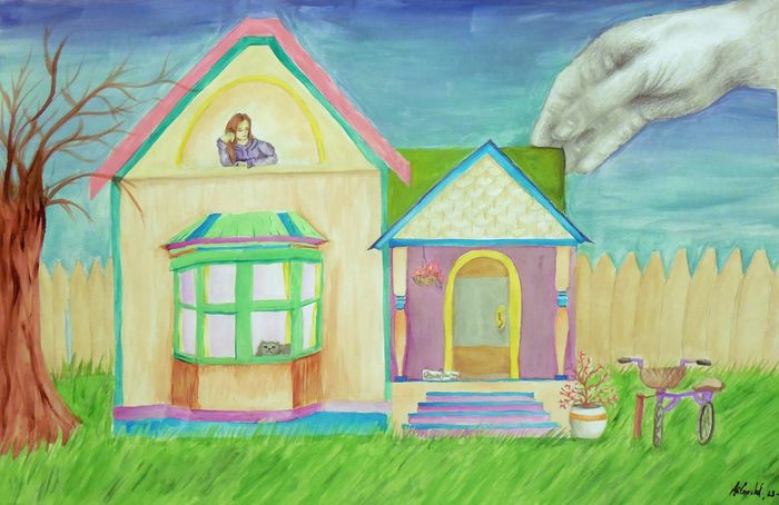 Art Studio PALETTE. Arina Guzhel Picture.  Tempera Landscape Houses 