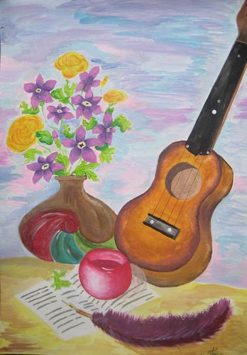 Art Studio PALETTE. Nastia Fendikevich Picture.  Tempera Still Life Music Натюрморт с Гитарой