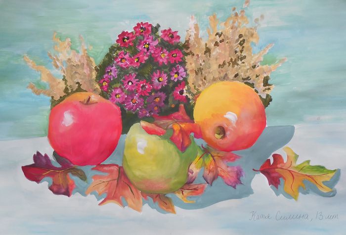 Art Studio PALETTE. Katya Silina Picture.  Tempera Still Life Fruits & Vegi 