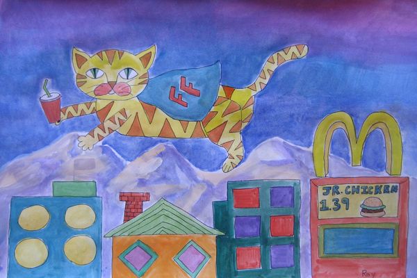 Art Studio PALETTE. Roy Kuo Picture.  Watercolour, Ink Animals Cats Летающий Кот