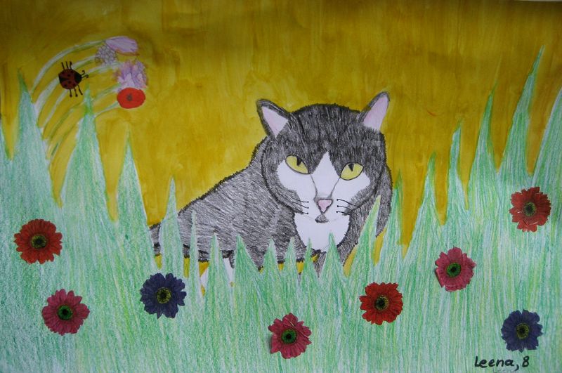 Art Studio PALETTE. Leena  Ballard Picture.  Mixed Media Animals Cats 