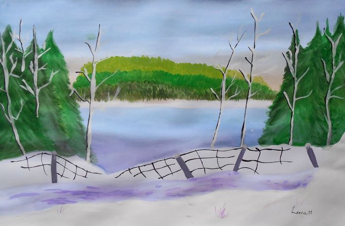 Art Studio PALETTE. Leena  Ballard Picture.  Tempera Landscape Winter 