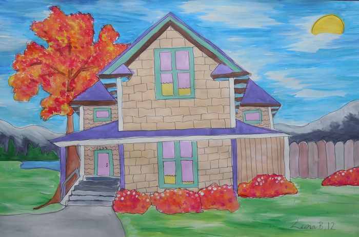 Art Studio PALETTE. Leena  Ballard Picture.  Tempera Landscape Houses 