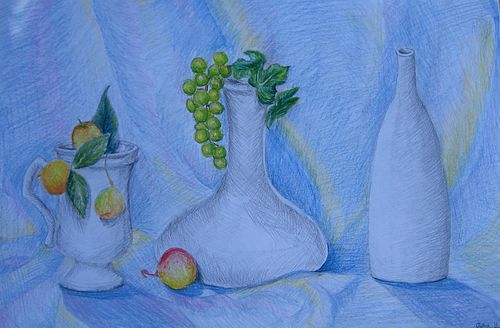 Art Studio PALETTE. Julia Handra Picture.  Coloured Pencil Still Life Bottles 