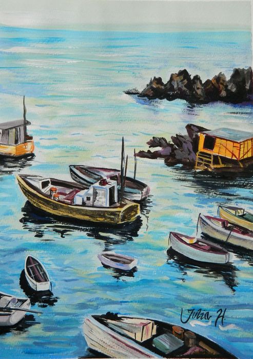 Art Studio PALETTE. Julia Handra Picture.  Acrylic Landscape Ships 