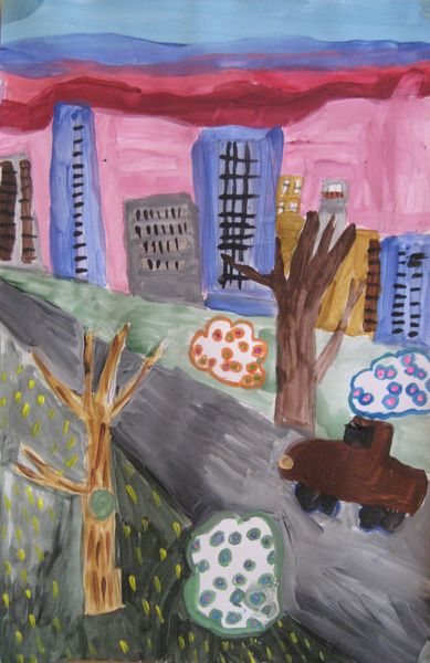 Art Studio PALETTE. Alyssa Lukose Picture.  Tempera Landscape Cityscape 