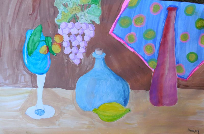 Art Studio PALETTE. Alyssa Lukose Picture.  Tempera Still Life Bottles 