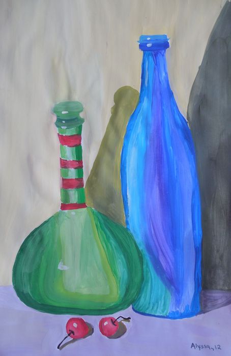 Art Studio PALETTE. Alyssa Lukose Picture.  Tempera Still Life Bottles 