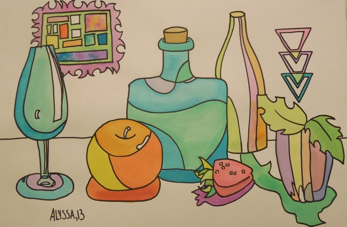 Art Studio PALETTE. Alyssa Lukose Picture.  Watercolour, Ink Still Life Contour Line Drawing 