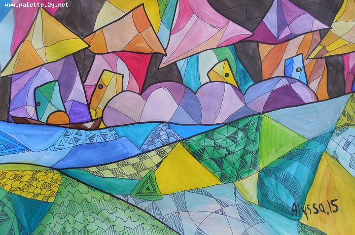 Art Studio PALETTE. Alyssa Lukose Picture.  Marker, Tempera Fantasy Abstract Vibrant Village