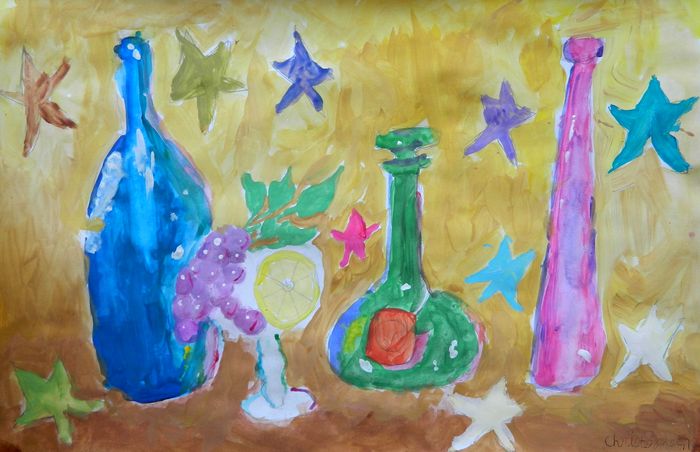 Art Studio PALETTE. Christopher Ballard Picture.  Tempera Still Life Bottles 