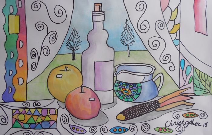 Art Studio PALETTE. Christopher Ballard Picture.  Watercolour, Ink Still Life Contour Line Drawing 