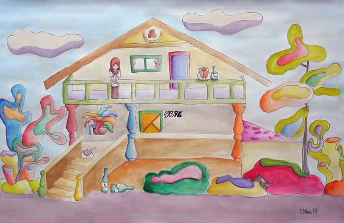 Art Studio PALETTE. Utae Kanauchi Picture.  Watercolour, Ink Landscape Houses 